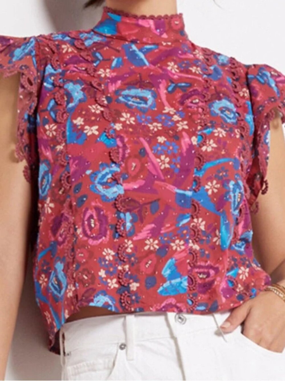 Farm Rio Floral Birds Blush Cap Sleeve Blouse Size L